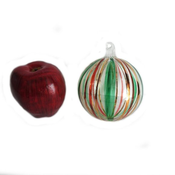 Hand Blown Clear Christmas Ball with Green Red Gold Stripes - Picture 4 of 4